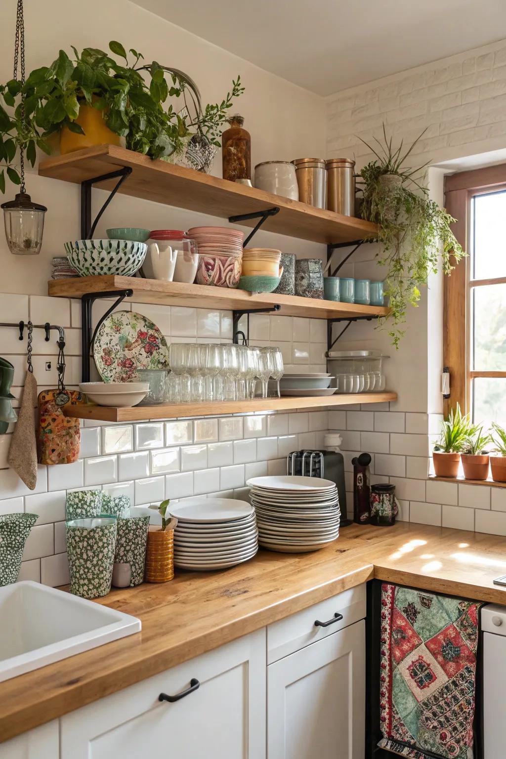 Open shelving offers practicality and style.