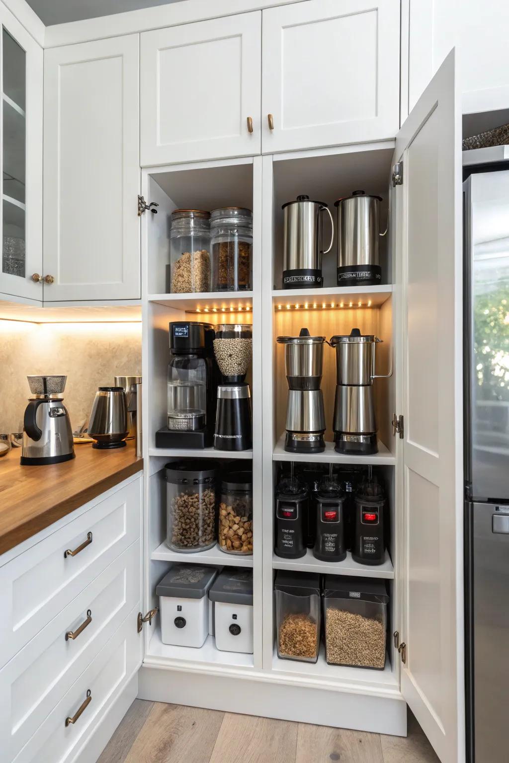Practical cabinets conceived for streamlined coffee station organization.