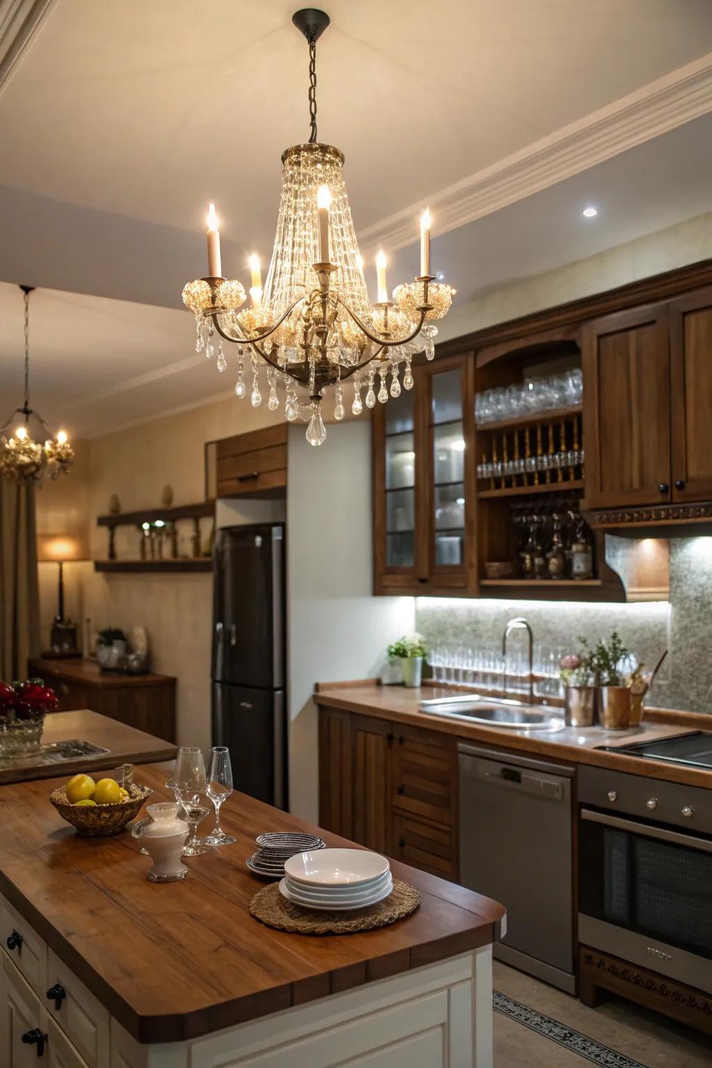 Chandelier lighting adding sophistication to the kitchen.