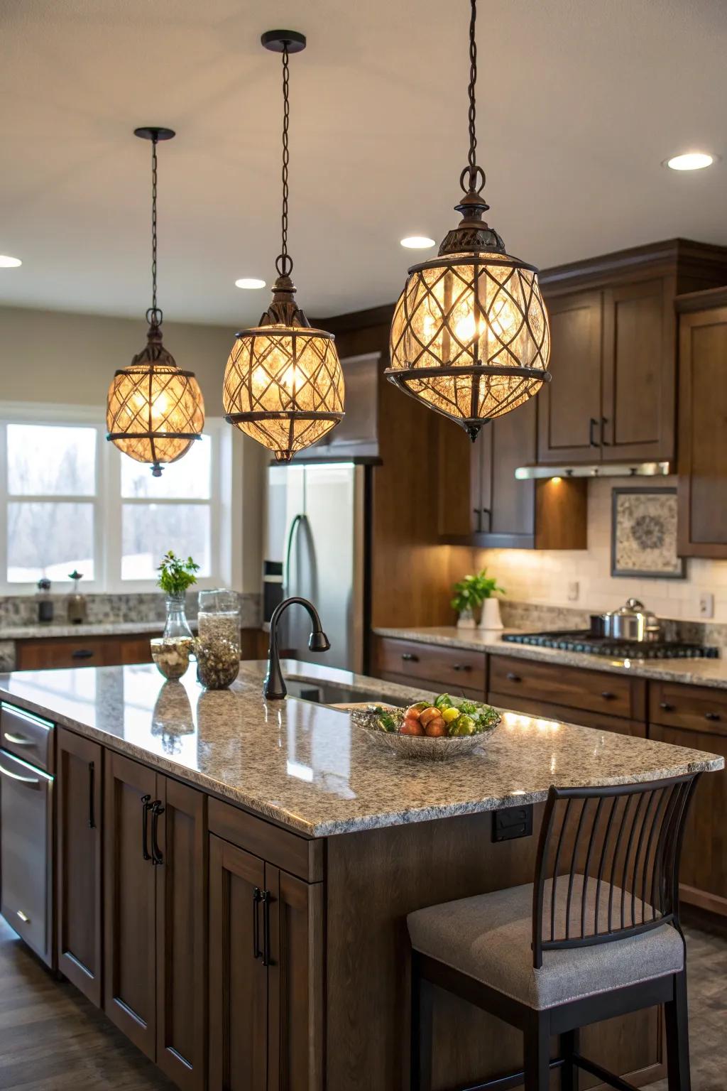 Suspended lighting introduces flair and defines kitchen spaces.