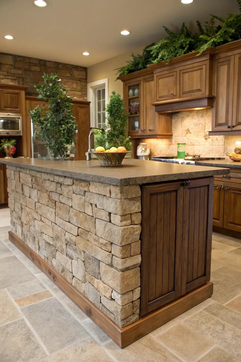 Textured stone introduces natural depth and charm to this cooking island, enhancing its tangible appeal.