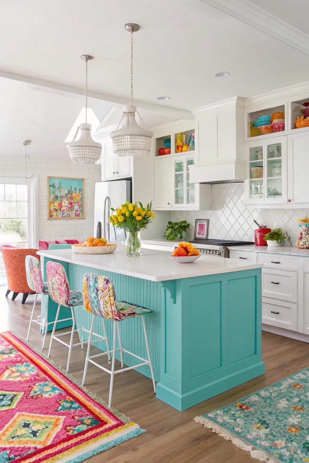 An aqua blue kitchen island brings an energetic and lively element to the kitchen.