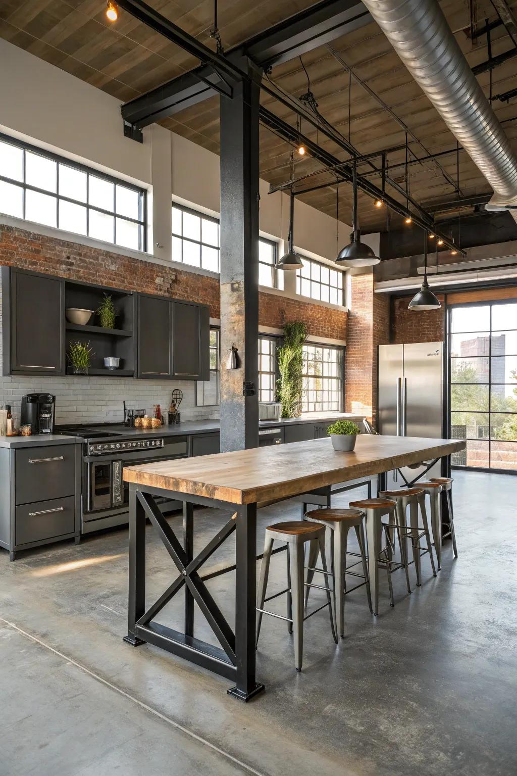 An industrial edge for a bold kitchen island dining setup.