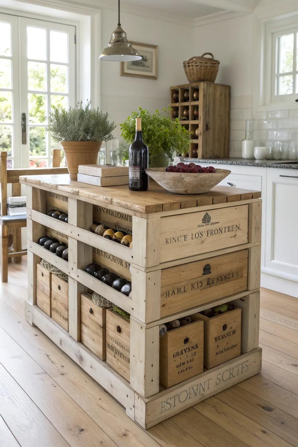 Transform your kitchen with rustic charm: a wine crate island perfect for DIY enthusiasts and lovers of minimalist design.