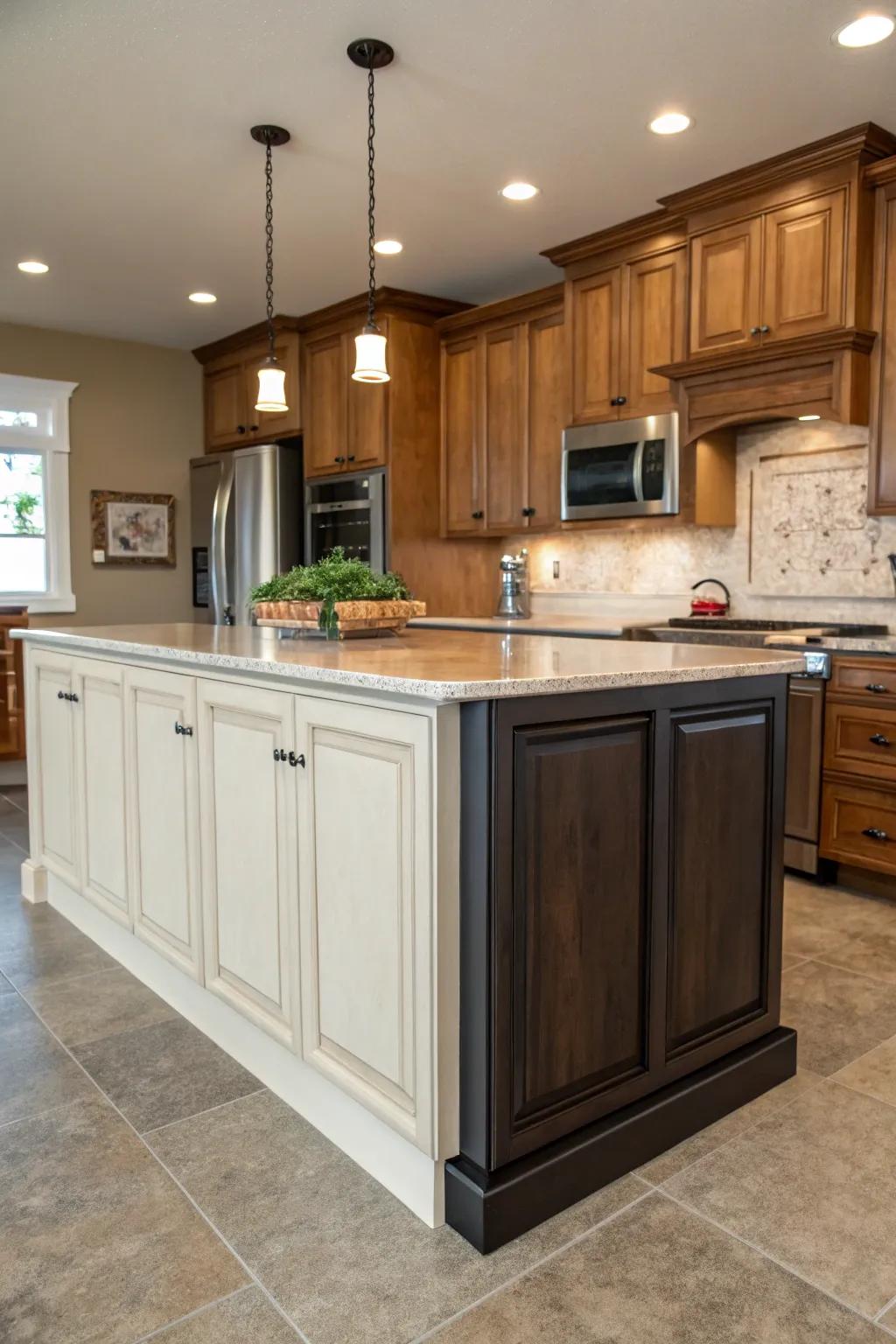 Two-tone kitchen island that stands out with its contrasting colors.