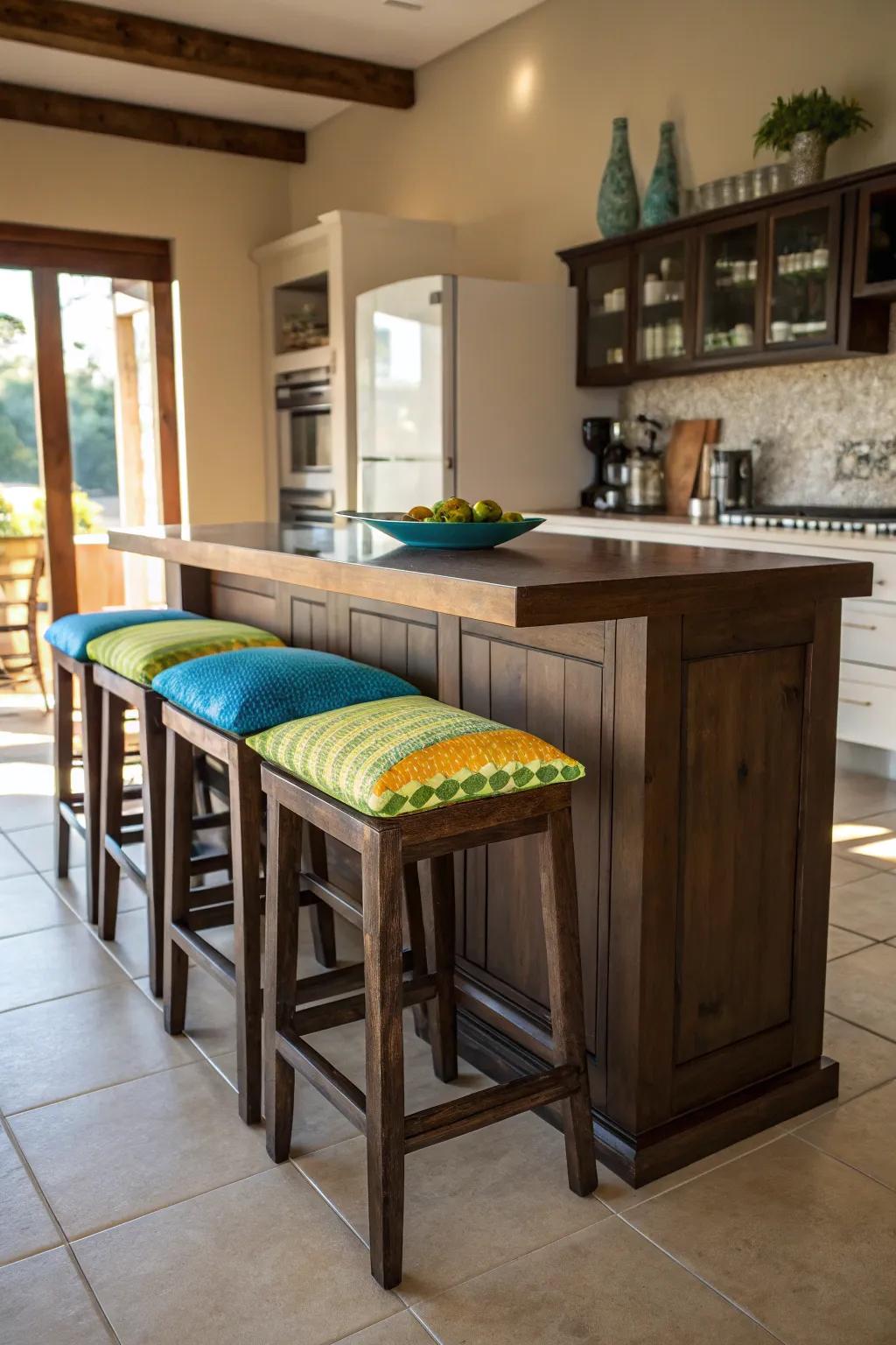 Vibrant pillows bring vitality to your kitchen island seating.