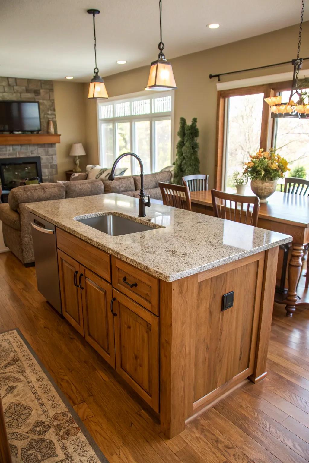A stunning fusion of wood and stone in a kitchen island design.