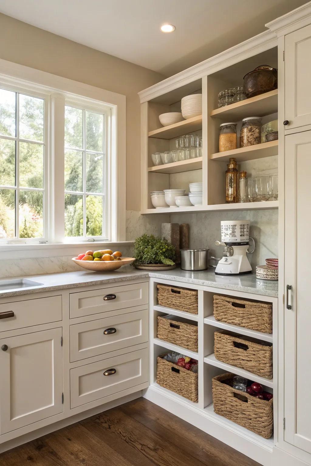 A kitchen featuring optimized storage options.
