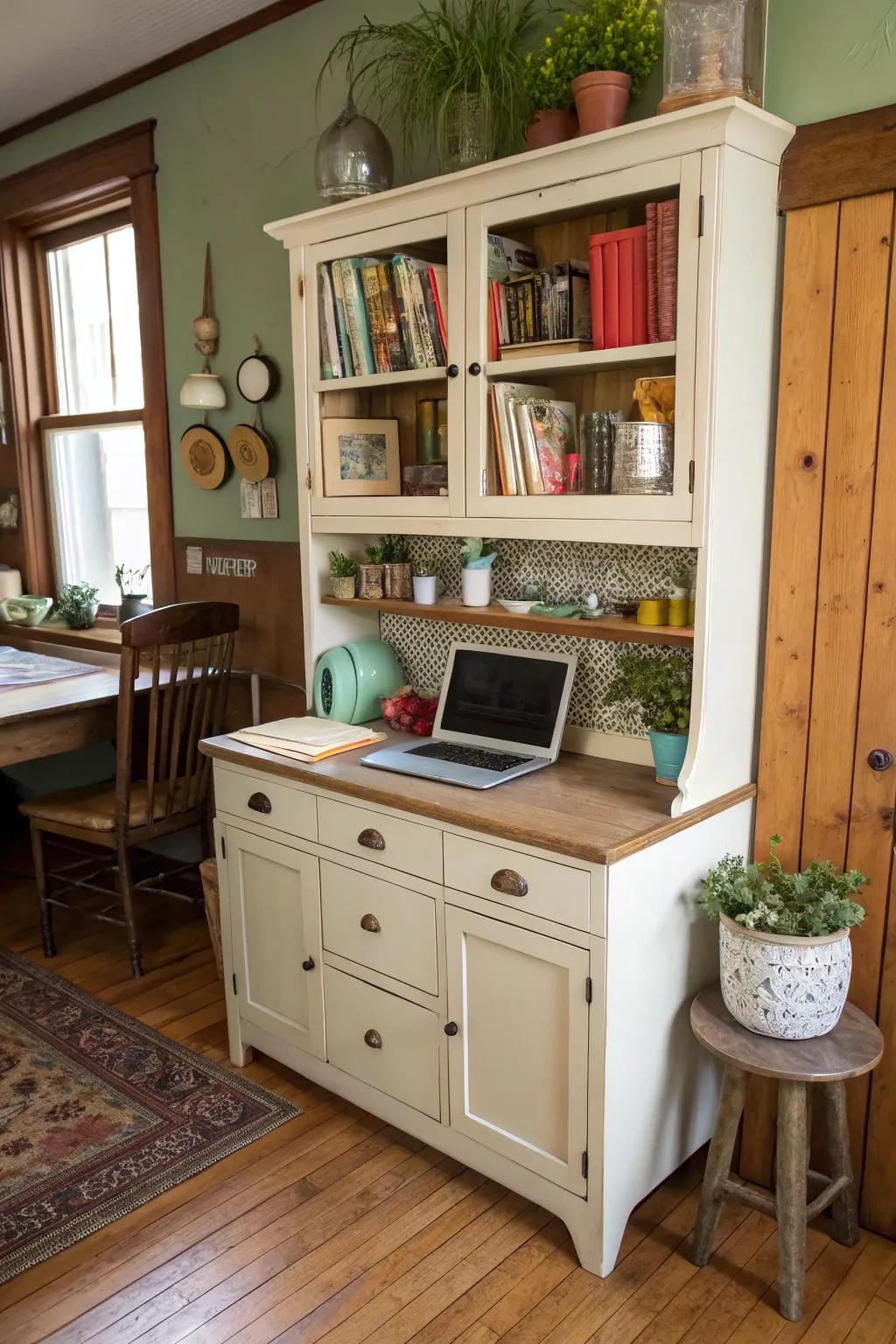 An antique hutch creatively transformed into a kitchen office.