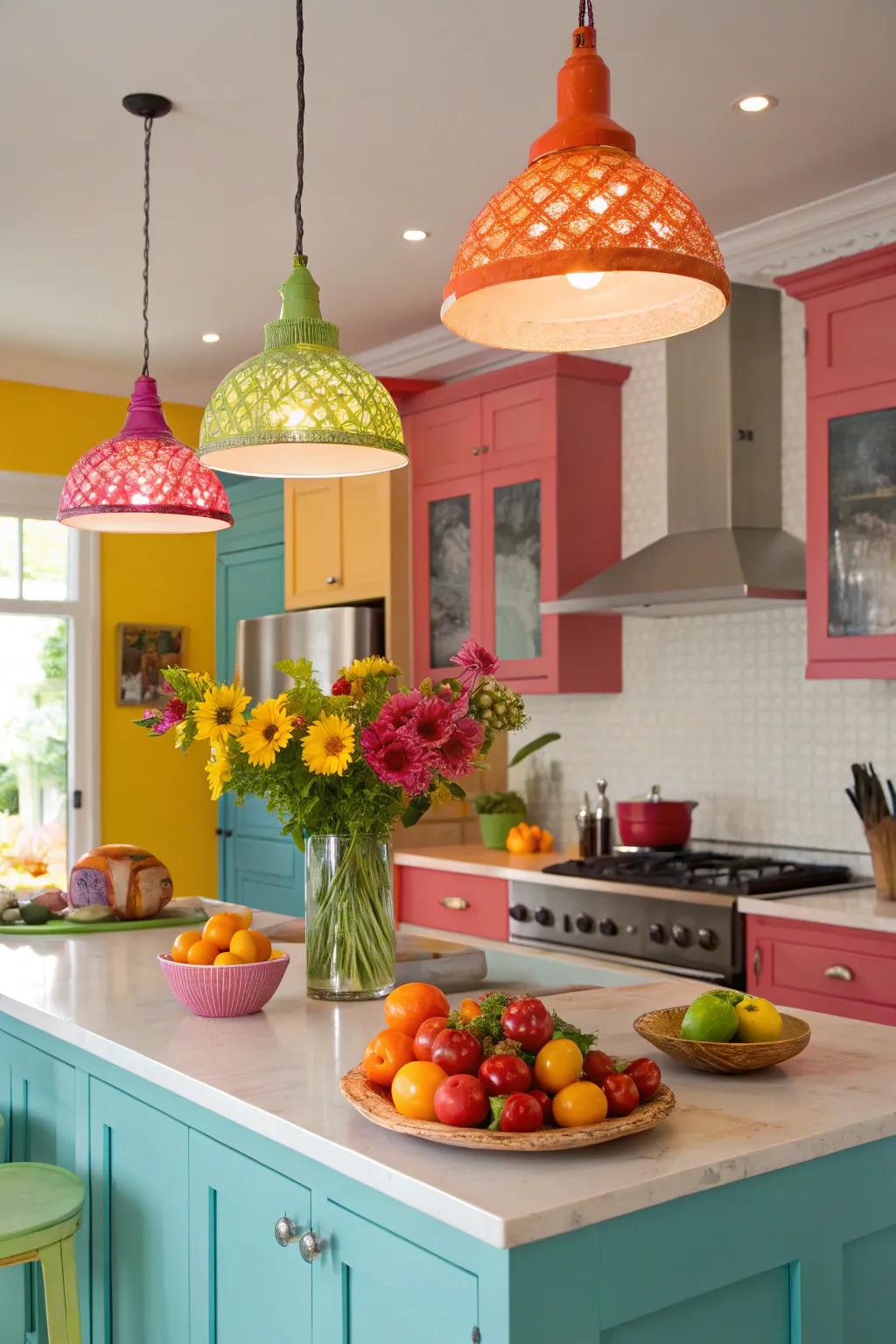 Vibrant chandeliers for a playful touch.