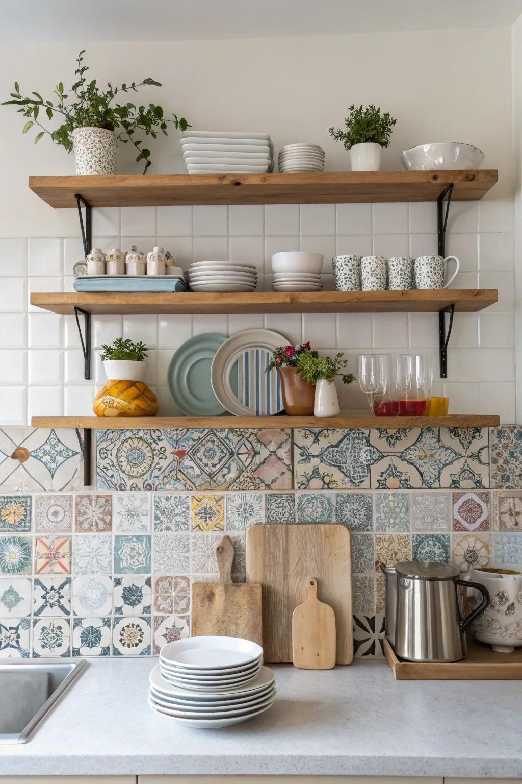 Open storage solutions set against stylish tiles cultivates an accessible and breezy cooking area.
