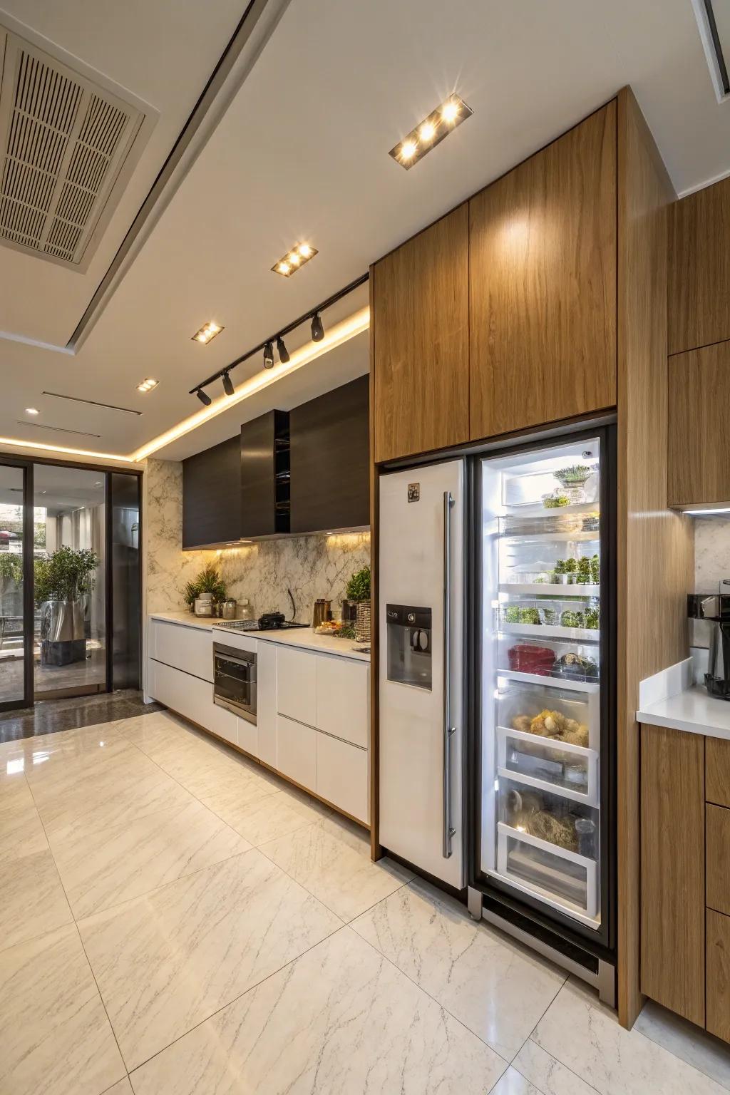 A chiller thoughtfully situated to divide the cooking area and dining space in an open-concept design.