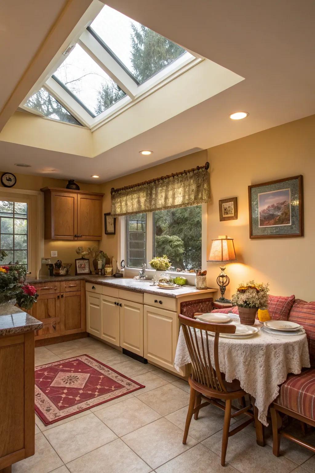 Comforting shades and sunlight generate a welcoming kitchen atmosphere.