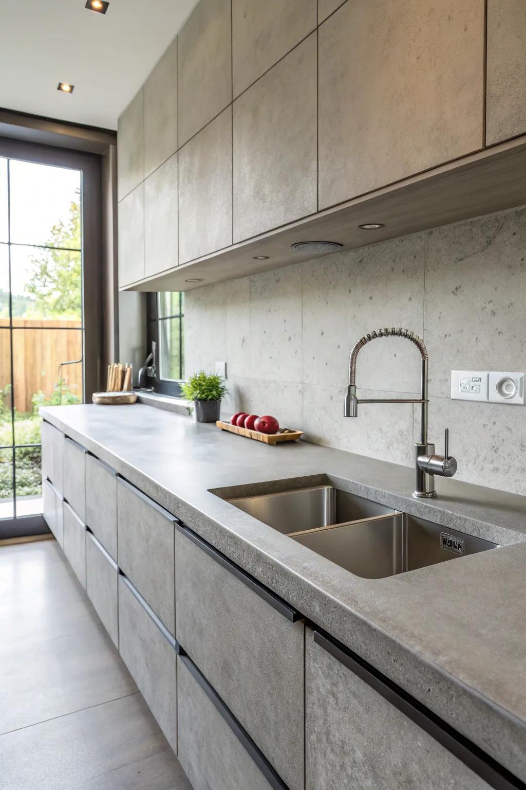A kitchen where concrete countertops seamlessly integrate with the sink and backsplash.