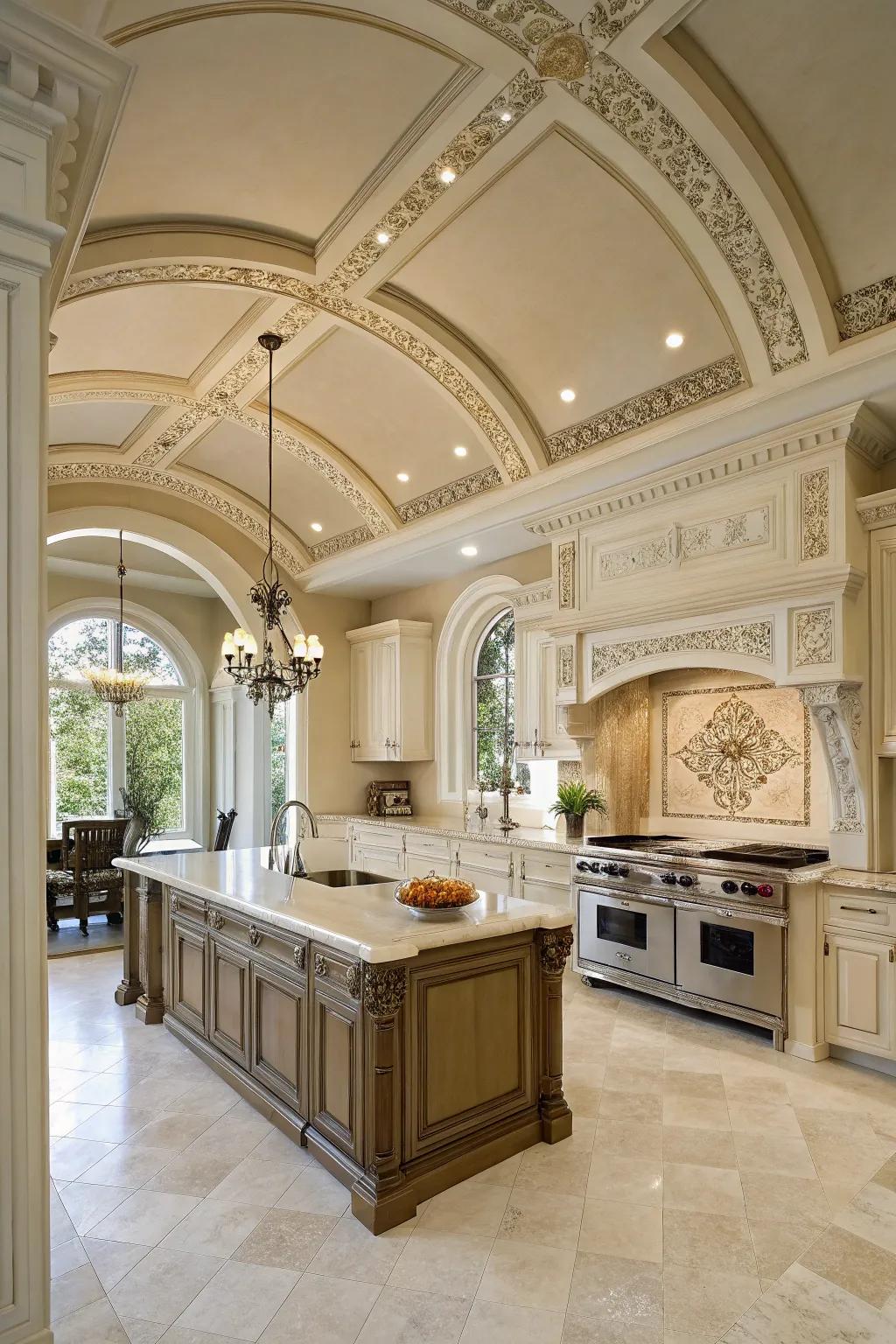 Decorative elements highlight the elegance of the kitchen's high ceilings.
