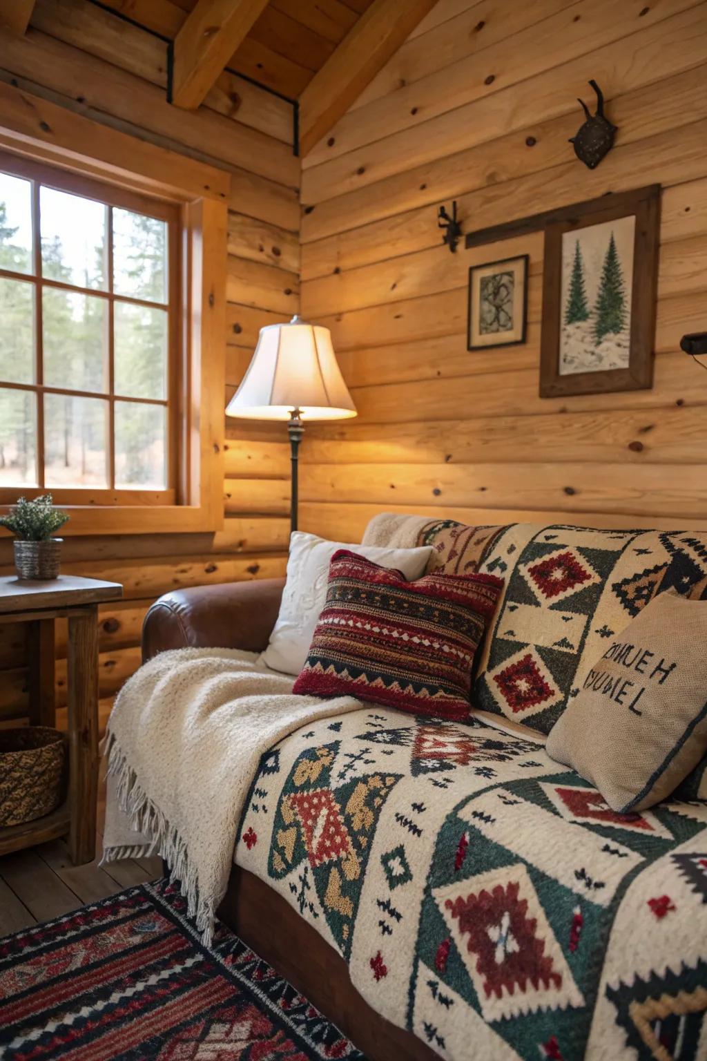 Patterned fabrics and throw cushions adding texture to the cabin.