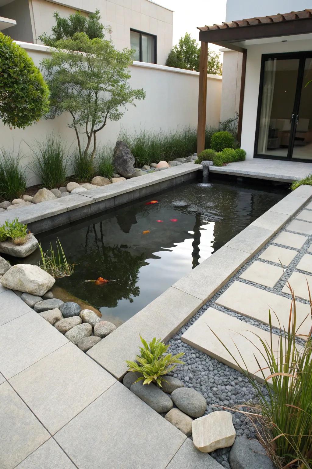 Sleek and tranquil: the allure of minimalism in pond layout.
