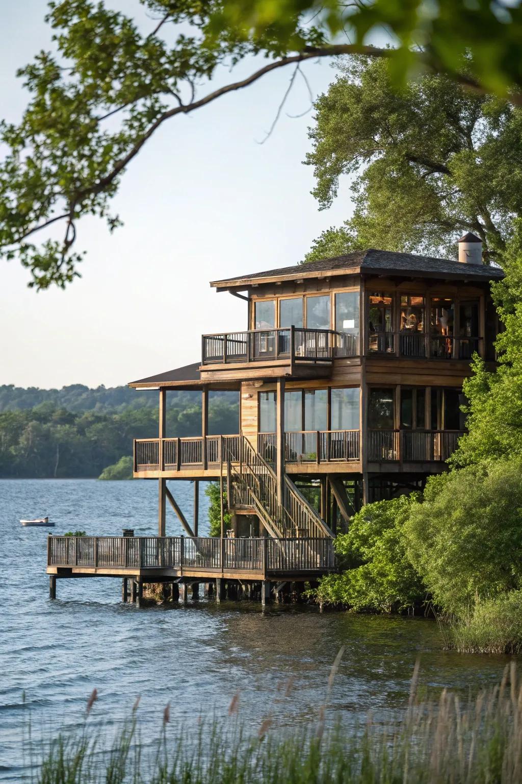 A multi-level lake house designed to adapt to the terrain.