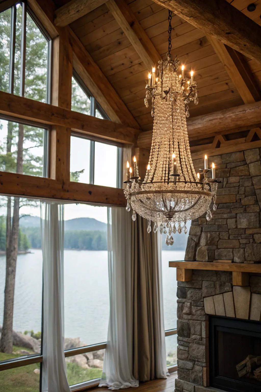 Chandeliers add a touch of elegance to rustic decor.