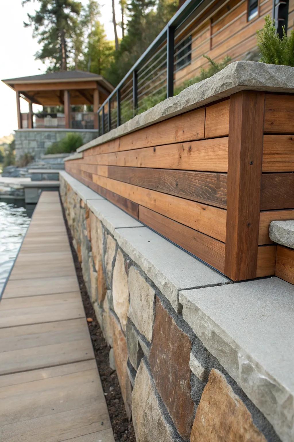 Craftsmanship at its finest: A stunning blend of wood, stone, and concrete for a unique lakefront retaining wall.
