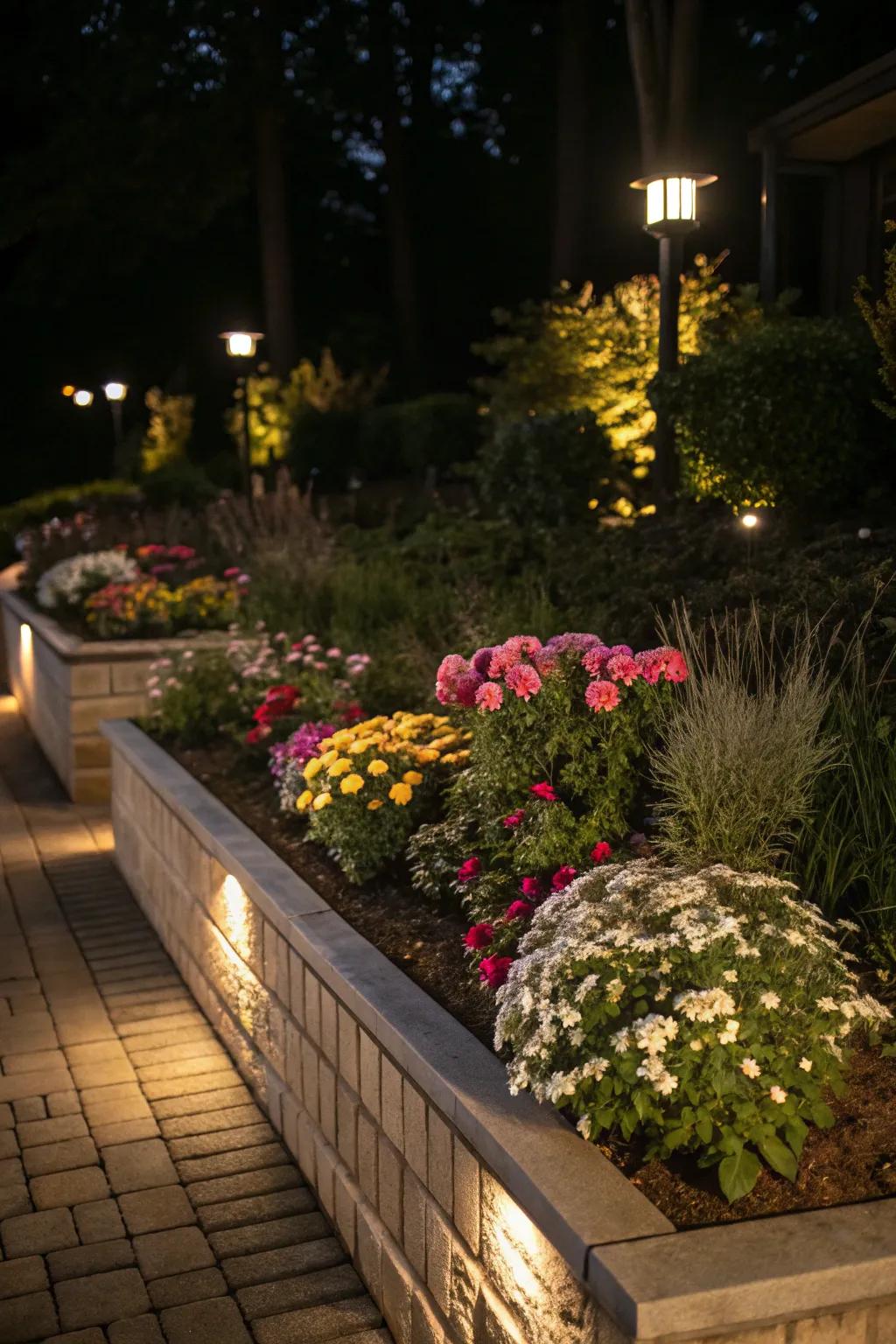 Garden bed illumination accentuates nature's artwork after dark.