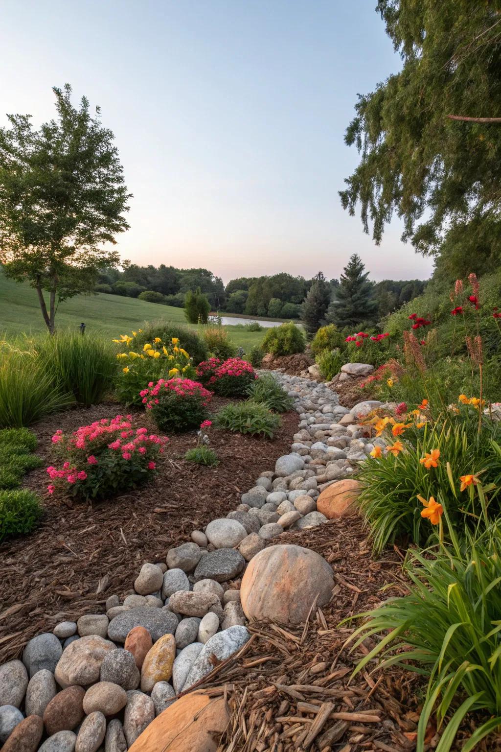 Combine mulch and stones for a textured garden design.