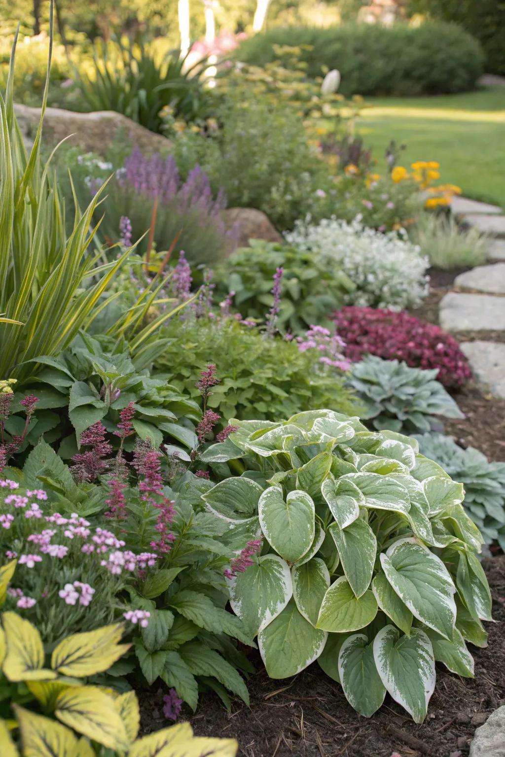 A textured garden bed with a variety of foliage for visual interest.