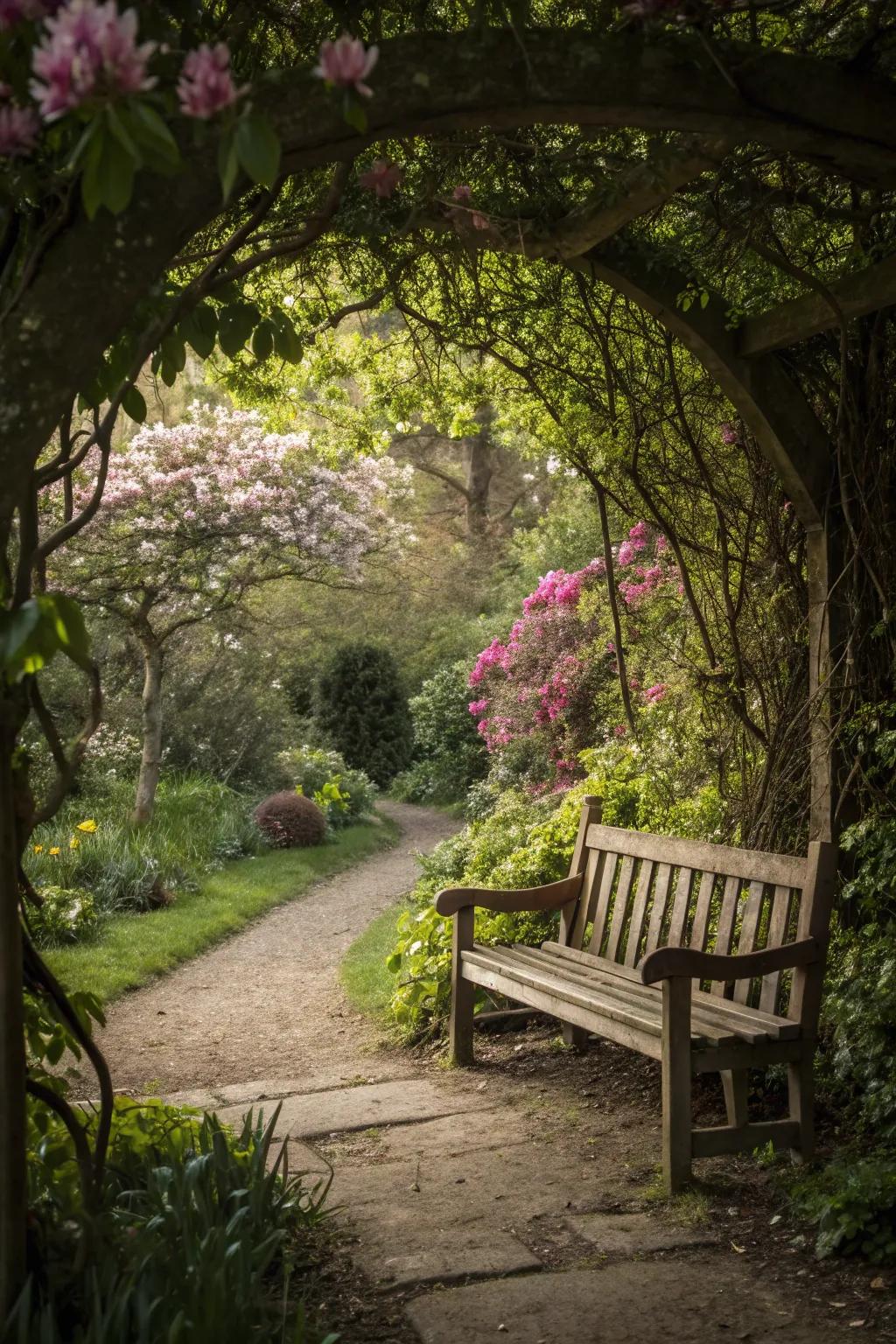 A secluded garden nook with a cozy bench, perfect for relaxation.