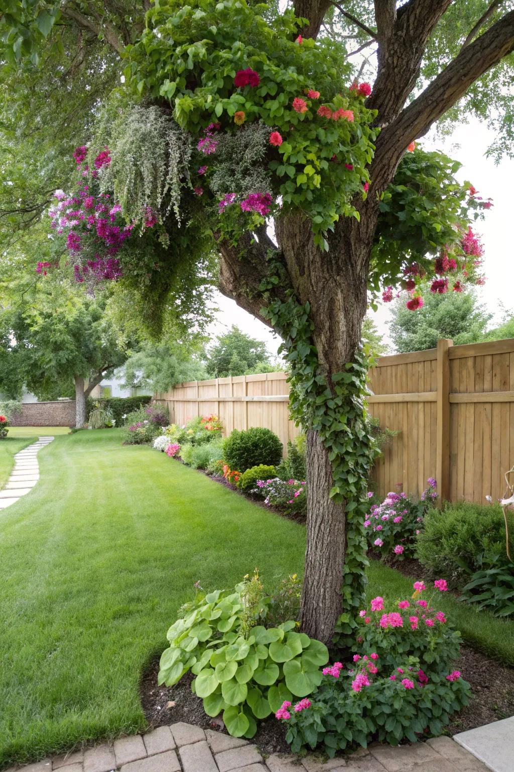 A tree surrounded by naturalistic, flowing plant arrangements.