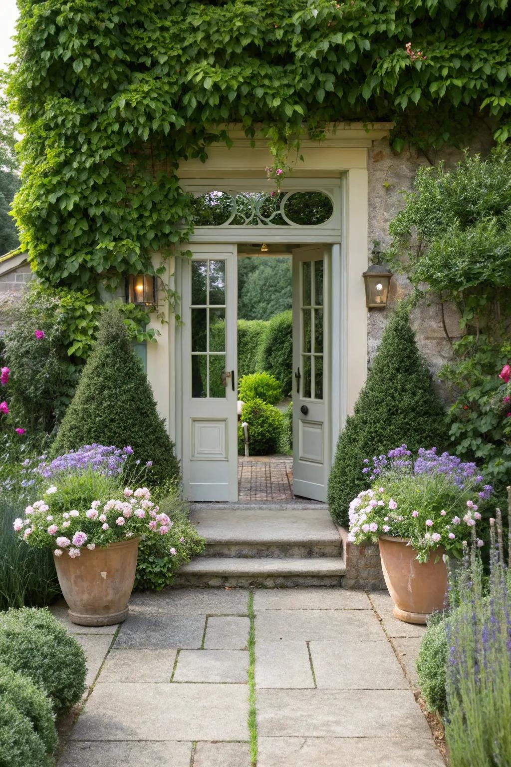 Symmetrical plantings forge a balanced and inviting entrance.