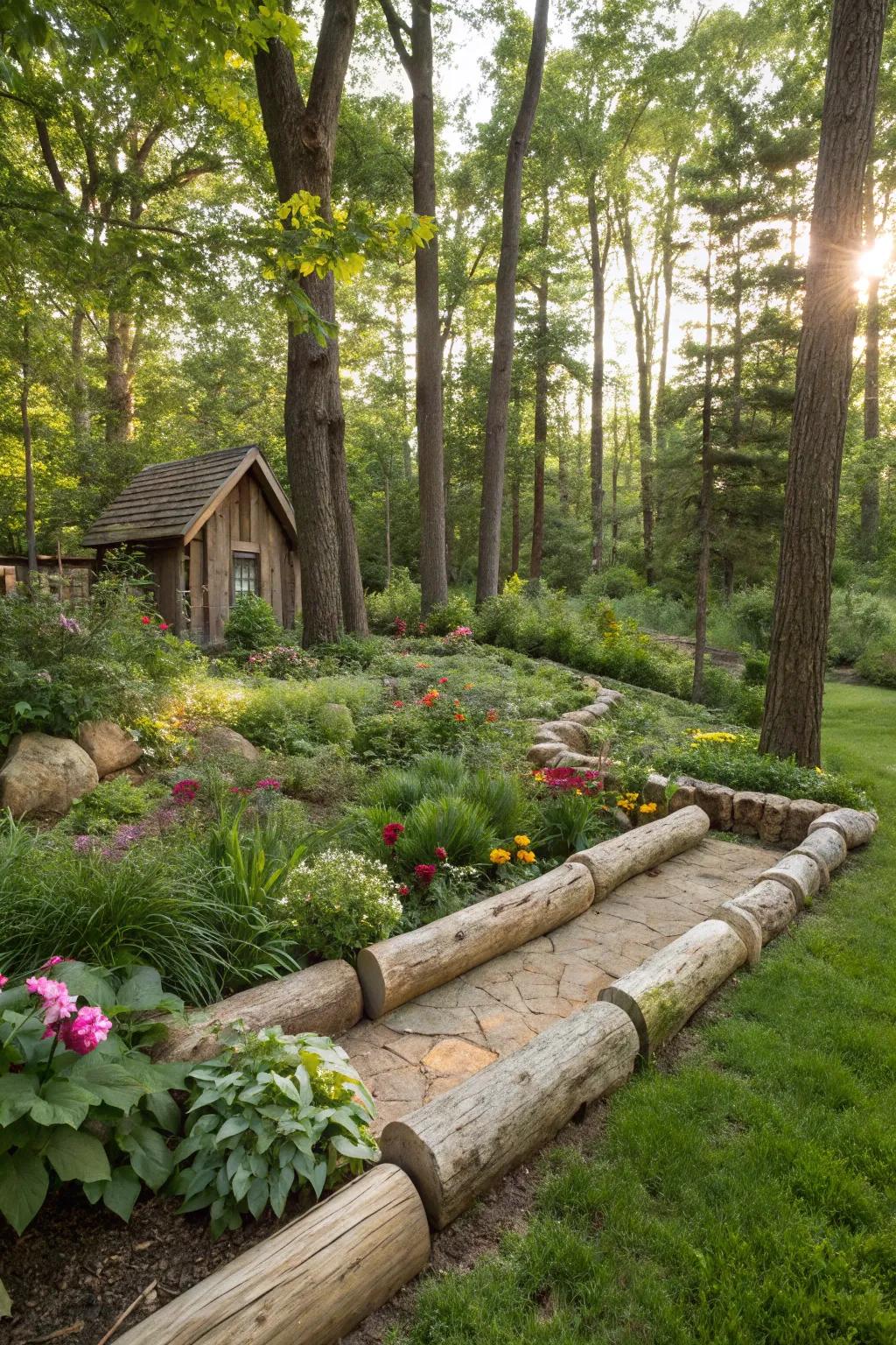 Logs serving as a natural divider in a forest garden.