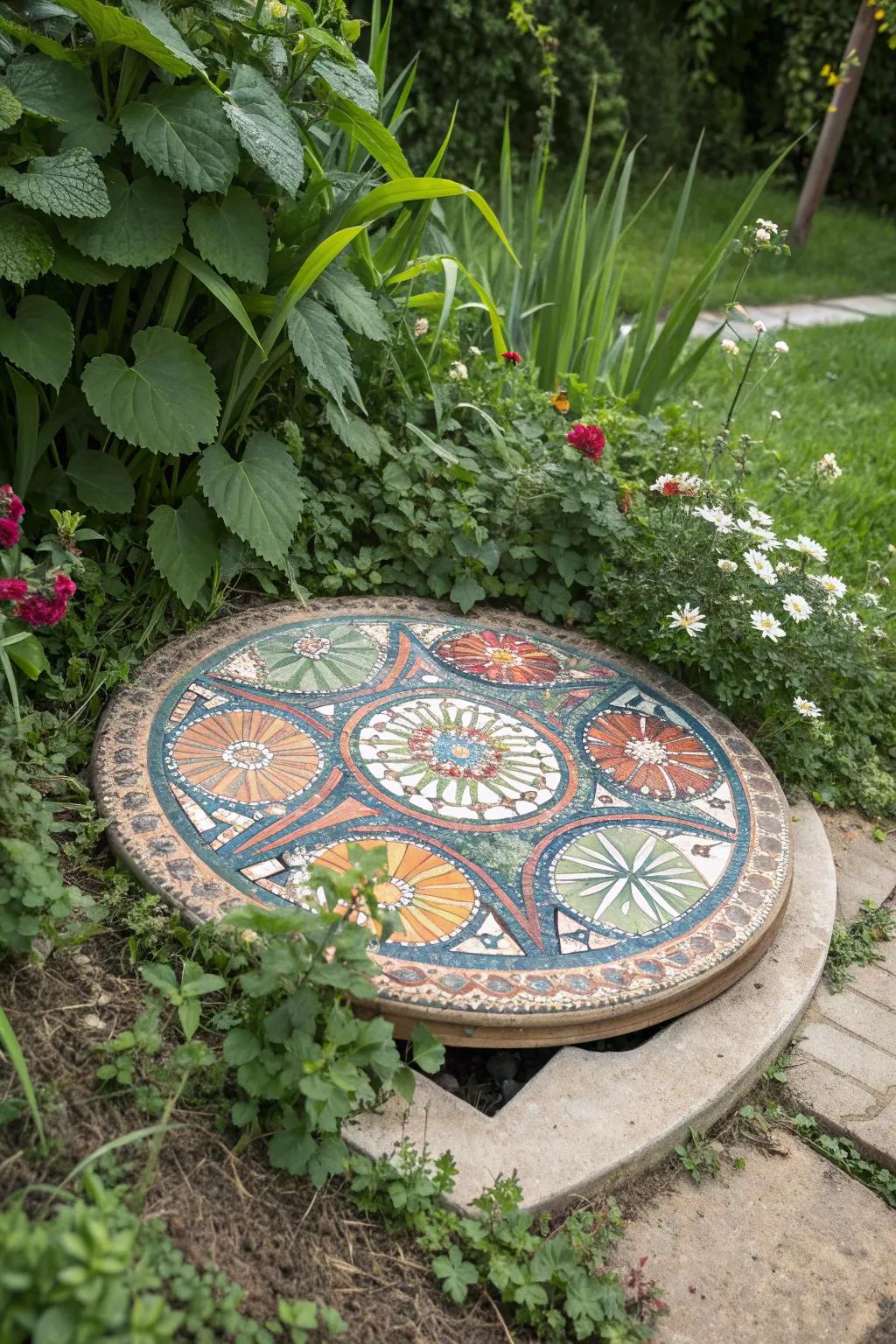 Transform utility into artistry: a mosaic lid that turns a septic tank into a garden centerpiece.