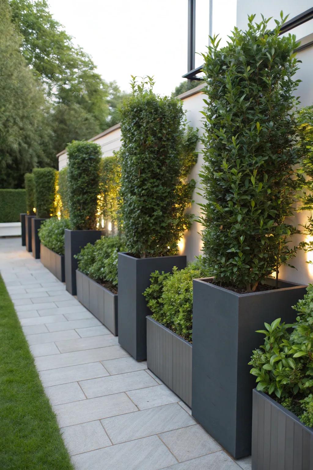 Stylish privacy crafted with tall planters and rich greenery.