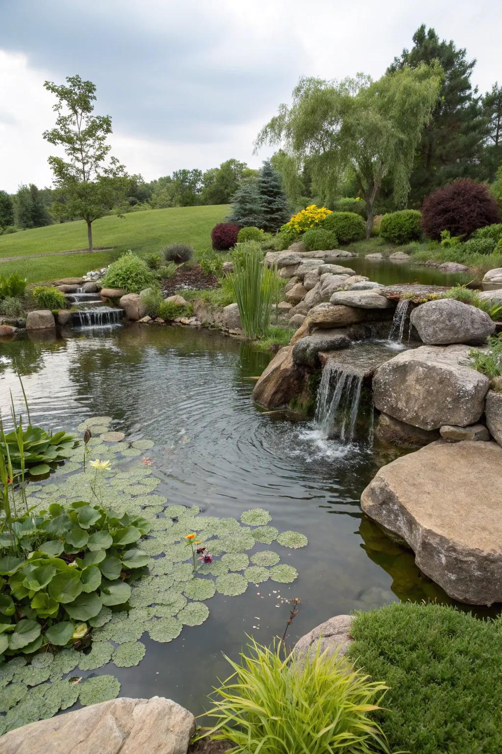 A serene pond with a gentle waterfall enhances garden tranquility.