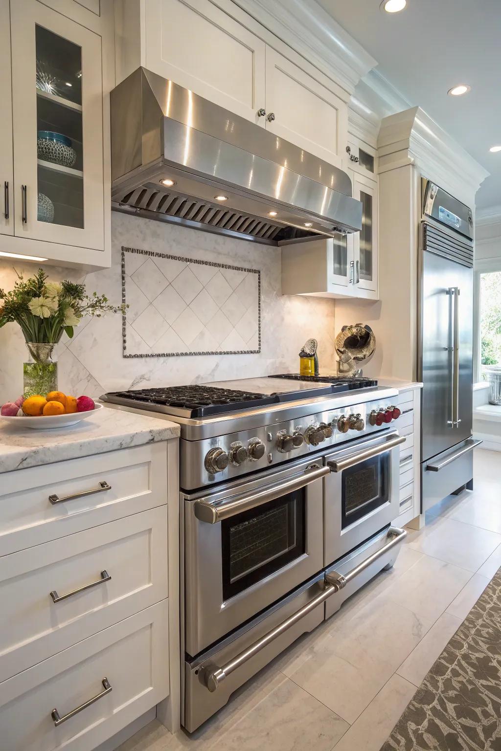 A kitchen fitted with high-end polished steel appliances.