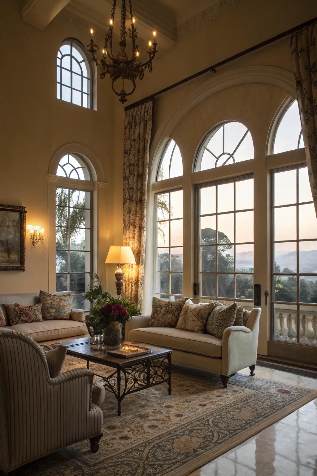 Arched windows adding a touch of elegance to a stylish living room.