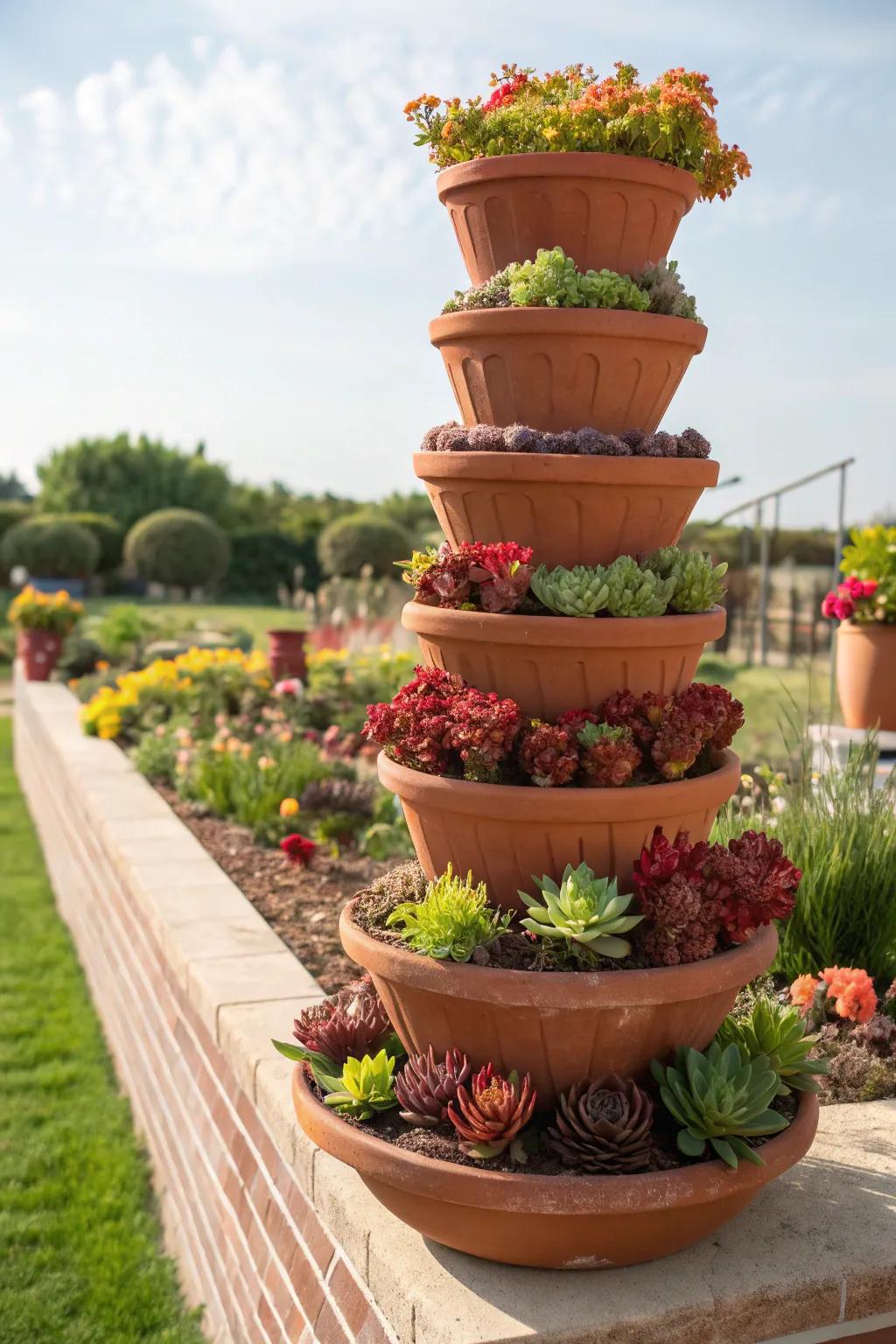 A tiered terracotta setup displaying a variety of succulents.