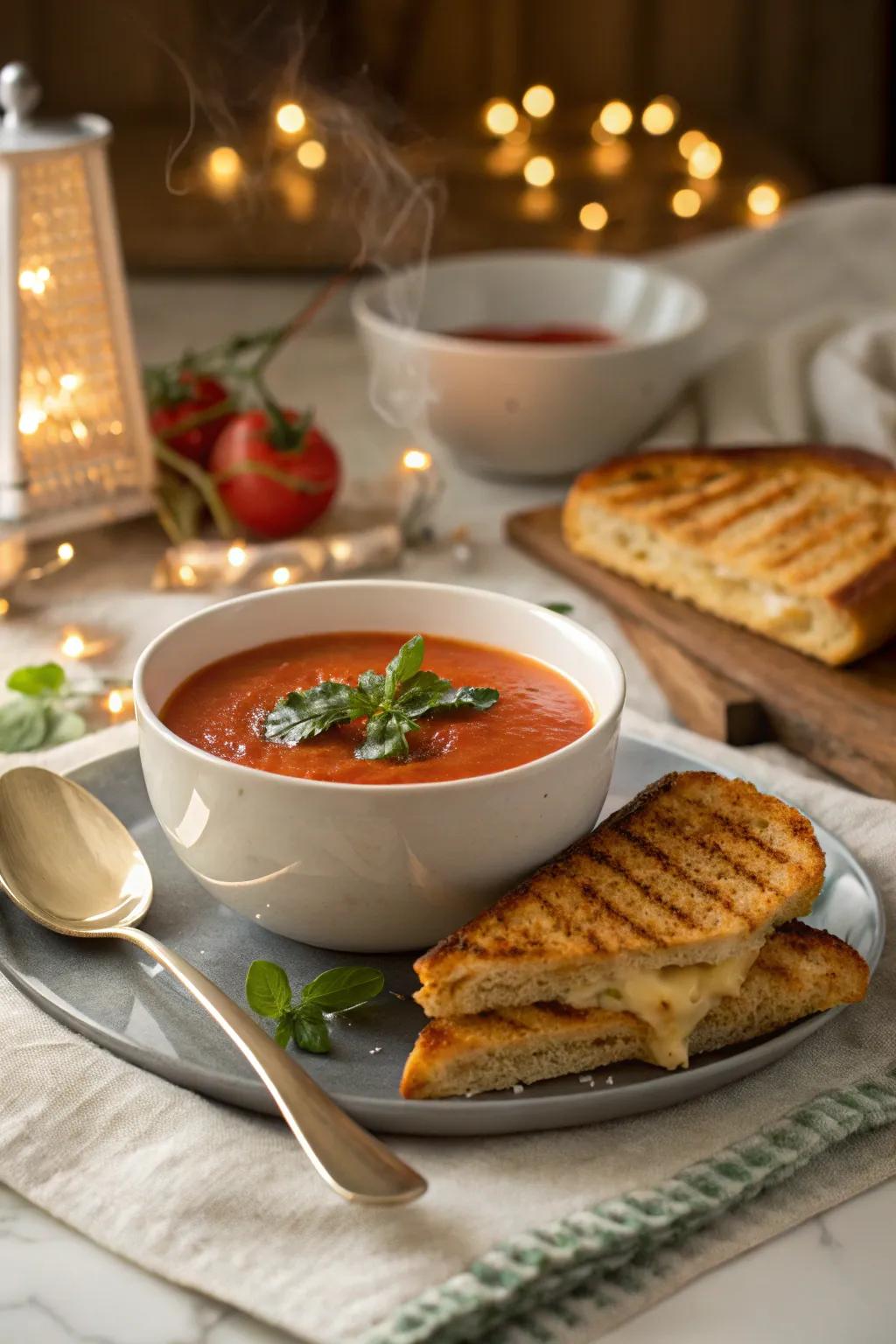Tomato herb soup with a toasted cheese sandwich, a classic comforting combo.