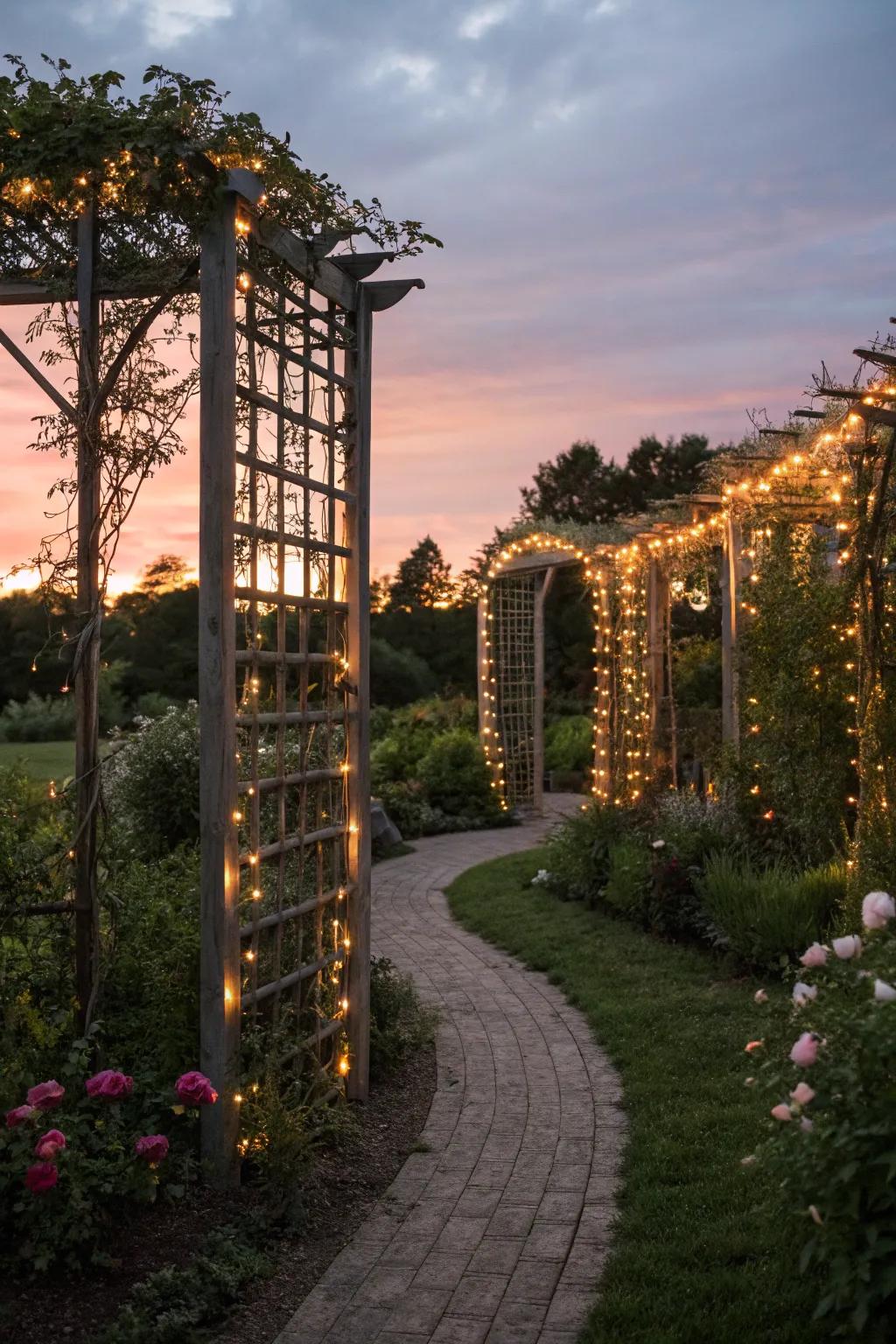 Enchanting trellis lighting for magical garden evenings.