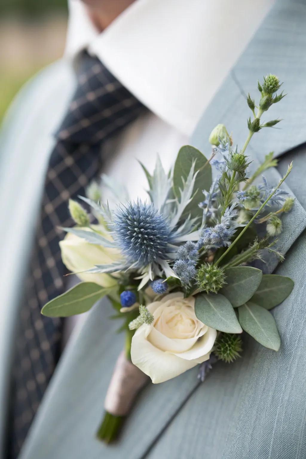 A singular coat embellishment showcasing azure thistle.