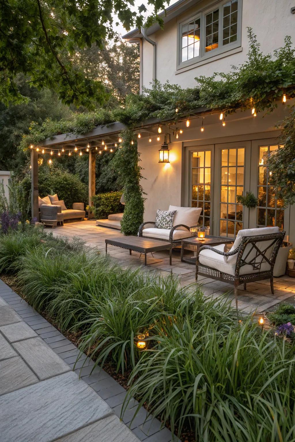 Liriope frames a patio, seamlessly merging indoor and outdoor spaces.