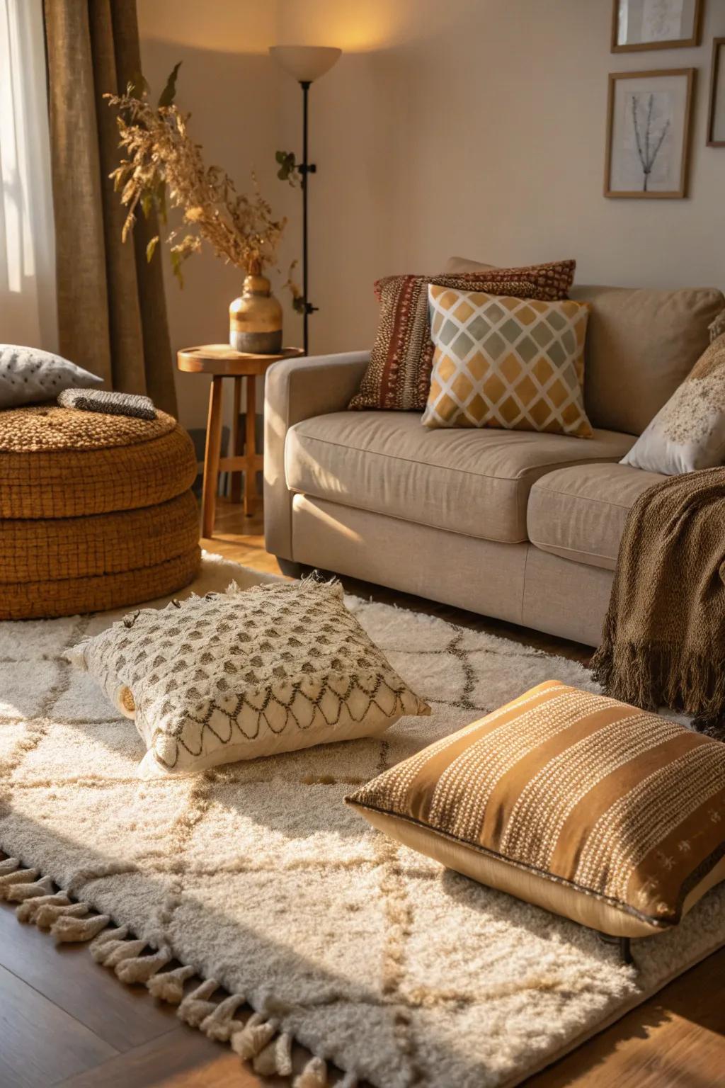 Diverse textures adding depth to a living room.