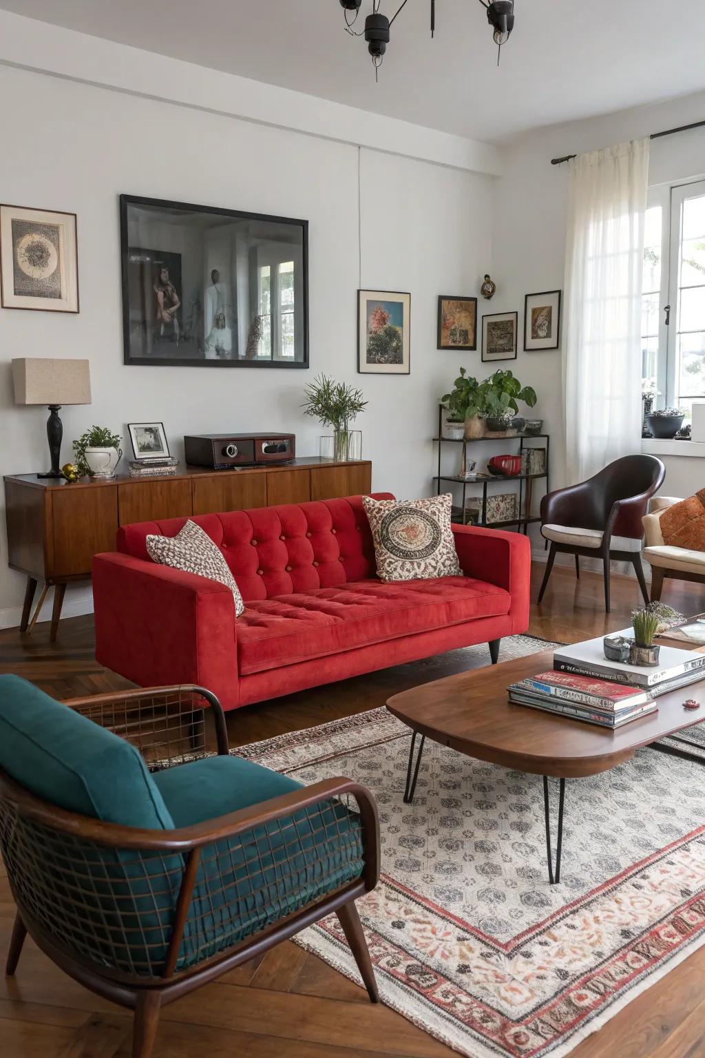 A diverse furniture assortment establishes a harmonious and captivating family room configuration.