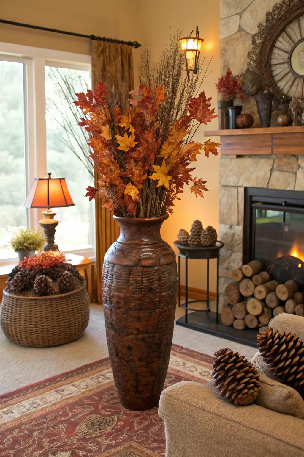 Seasonal features like cones and leaves bring the allure of autumn into your living room.