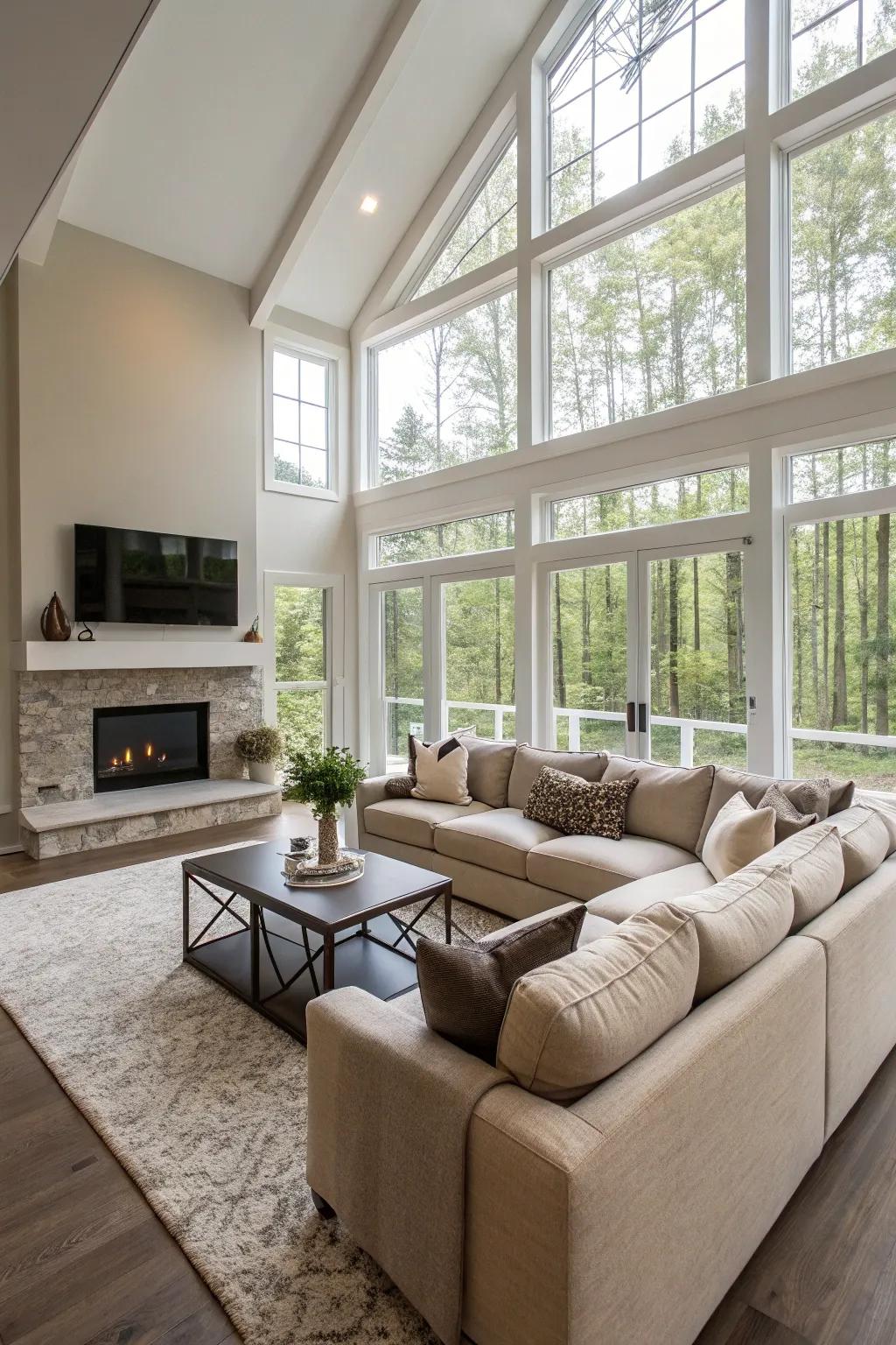 An open-concept living room defined by an L-shaped sectional.
