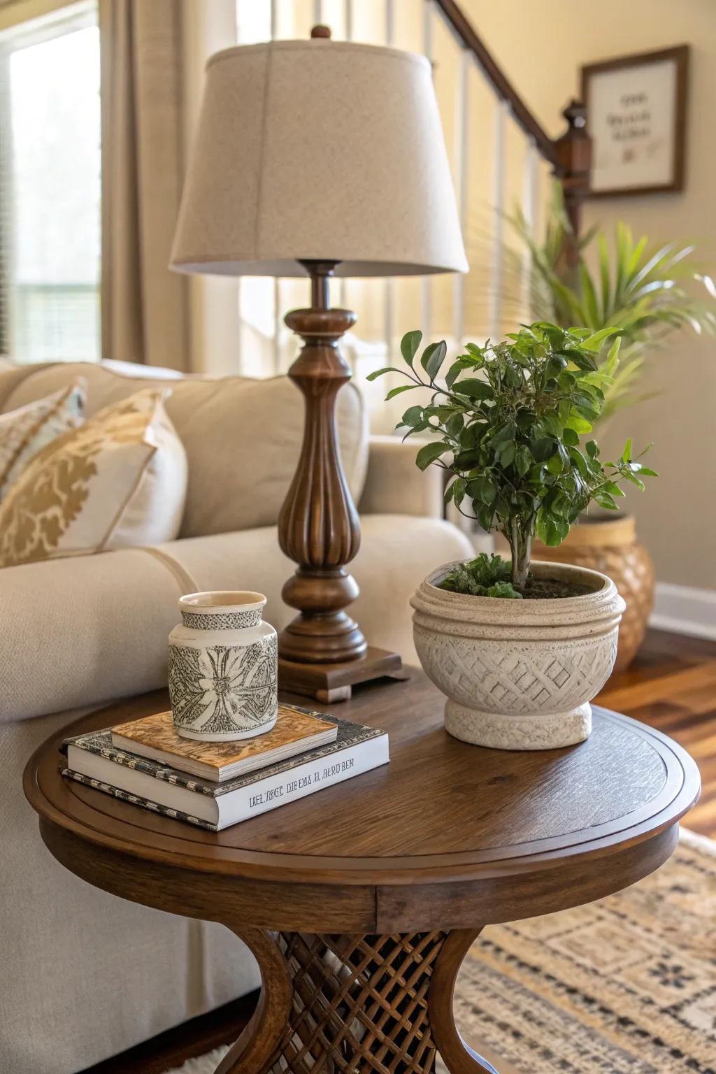Green foliage creates a vibrant atmosphere on side tables.