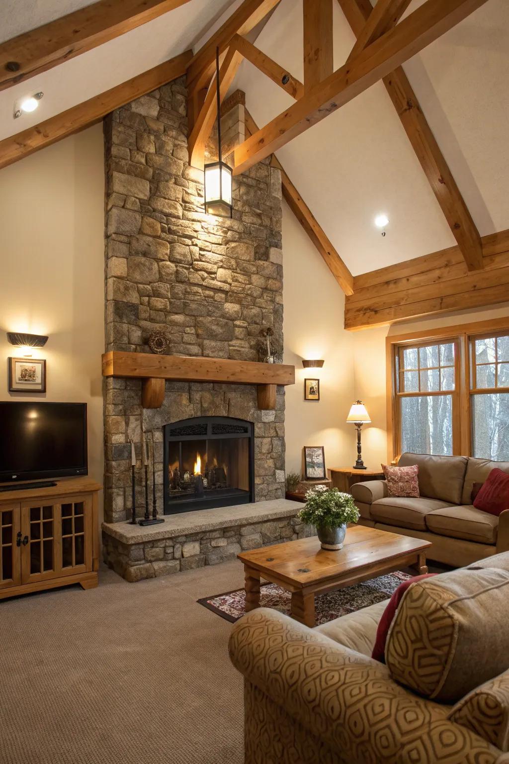 The mix of stone and wood carries warmth to your family room.