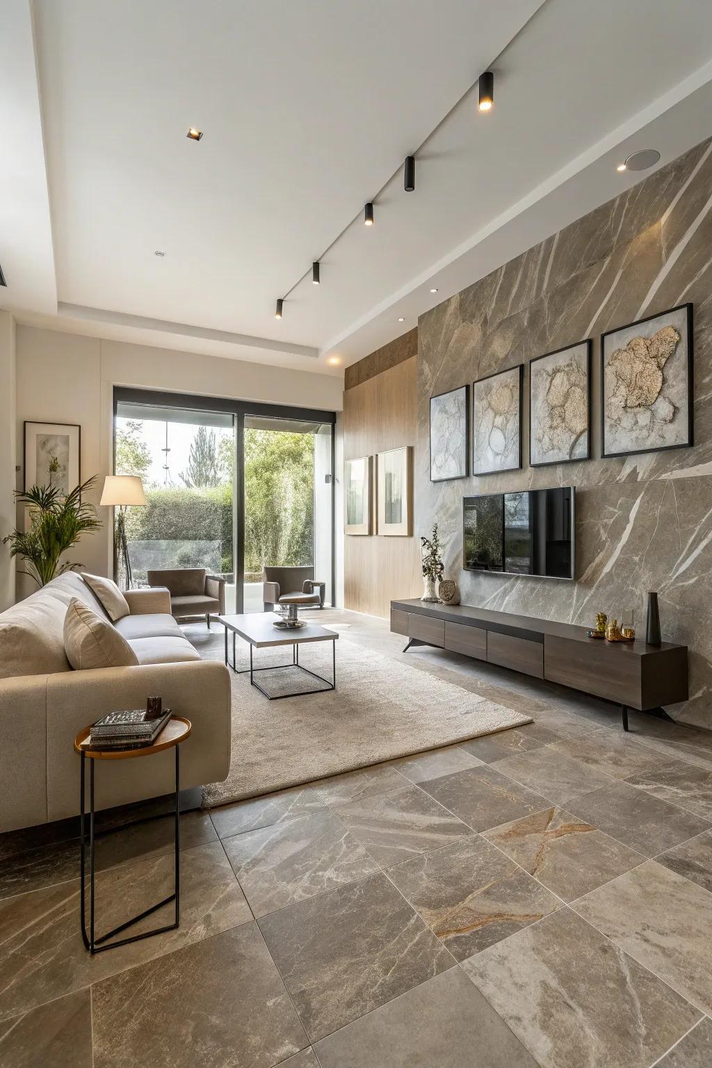 Contemporary family room showcasing faux stone faux stone tiling.