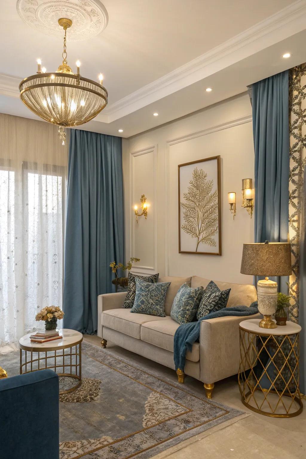 Metallic embellishments, such as gilded, elevate the elegance of sky-tinted drapes, adding a luxurious touch to the room.