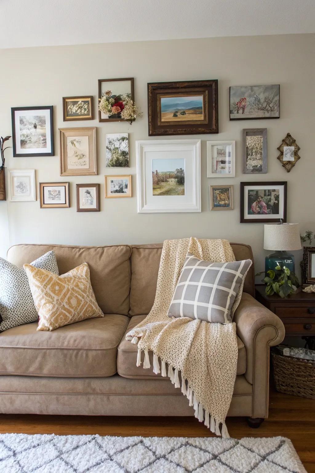 Art and wall decor above the couch can serve as a captivating focal point in your living room.
